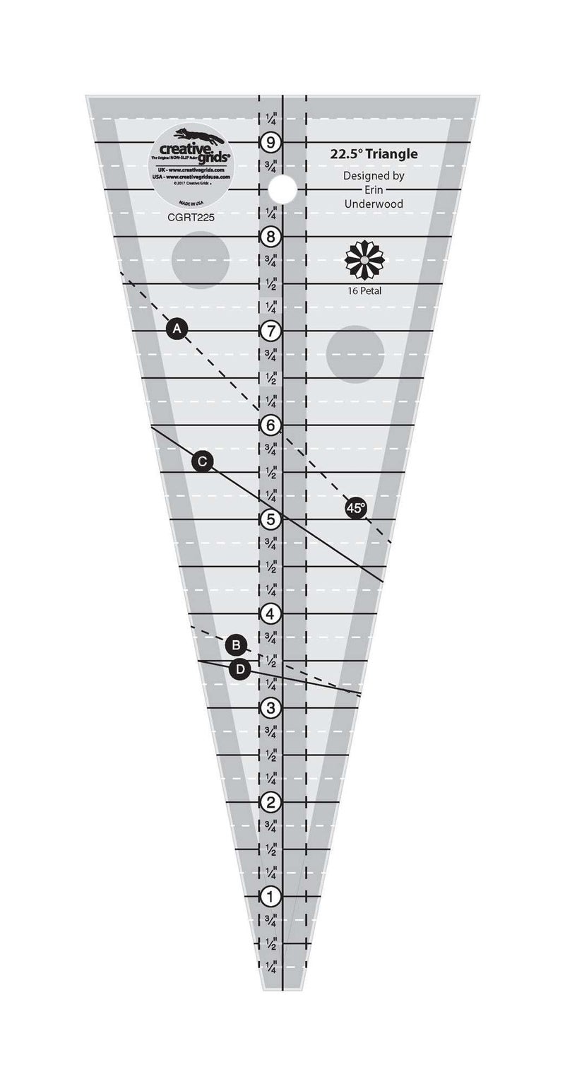 Creative Grids 22-1/2 Degree Triangle Rulerâ€“ CGRT225 â€“ Made in USA, 4-1/4in x 9-1/2in, Non-Slip Grip Acrylic Quilting, Sewing, Crafting, Patchwork Ruler & Template